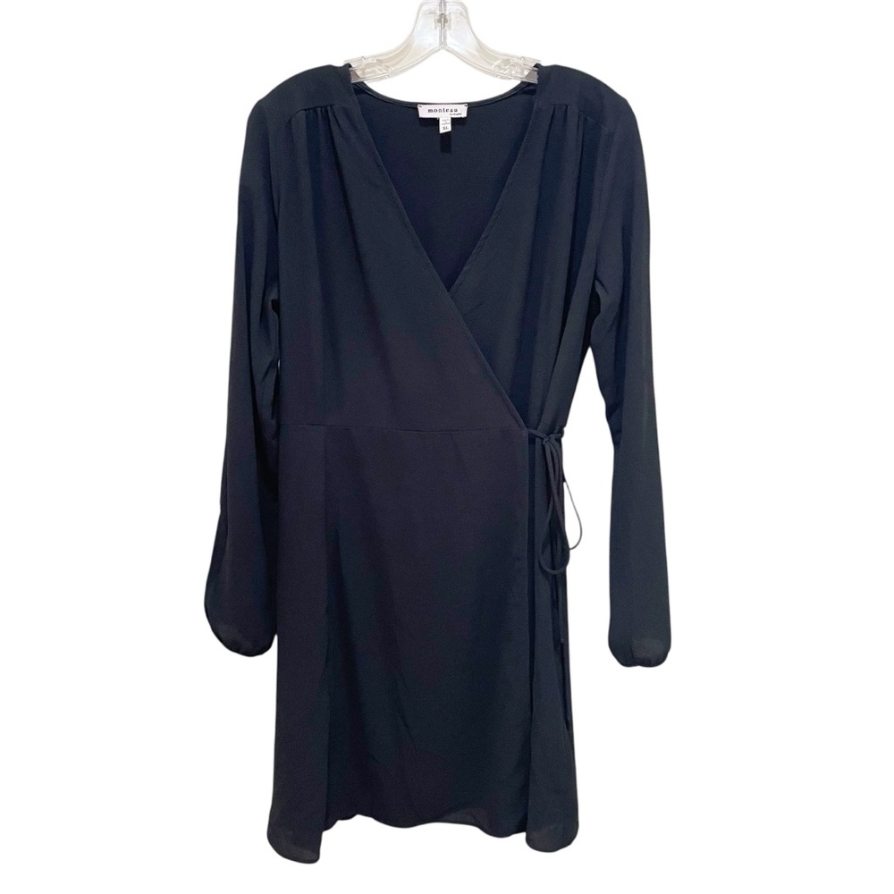 Monteau Wrap Long Sleeve Surplice Tie Waist Mini Dress Black Womens Size XL